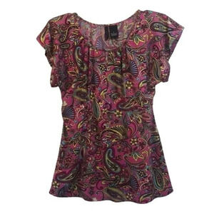 Paisley Print Short Sleeve Blouse Pink Yellow Pattern‎ Top